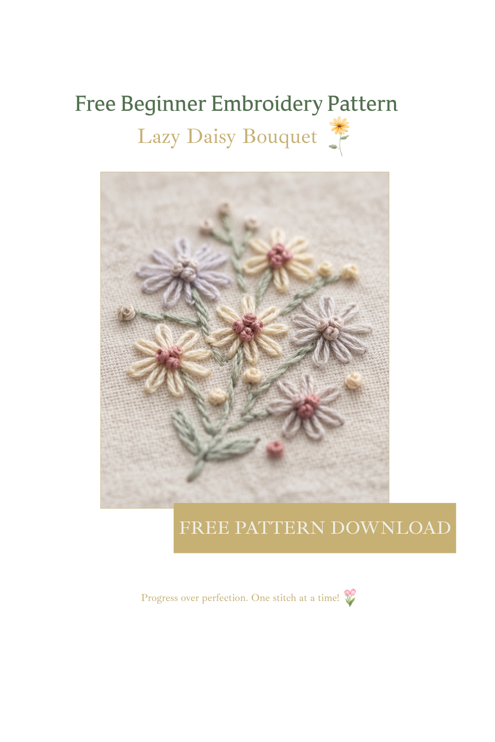 "Lazy Daisy Bouquet" Embroidery Pattern – Beginner-Friendly PDF Download 🌸