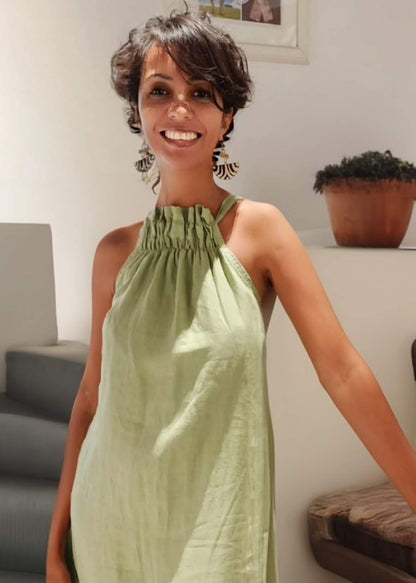 Robe longue été fluide en lin - olive