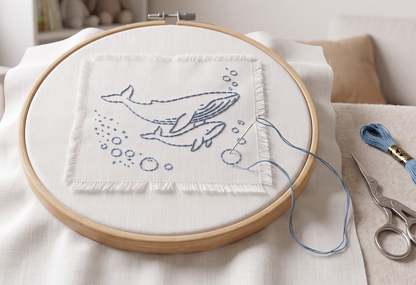 Minimalist Mother & Calf Whale Embroidery Pattern – Digital Download